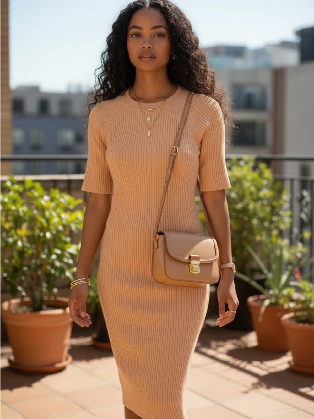 House of Harlow 1960 Camel Ribbed Midi Dress